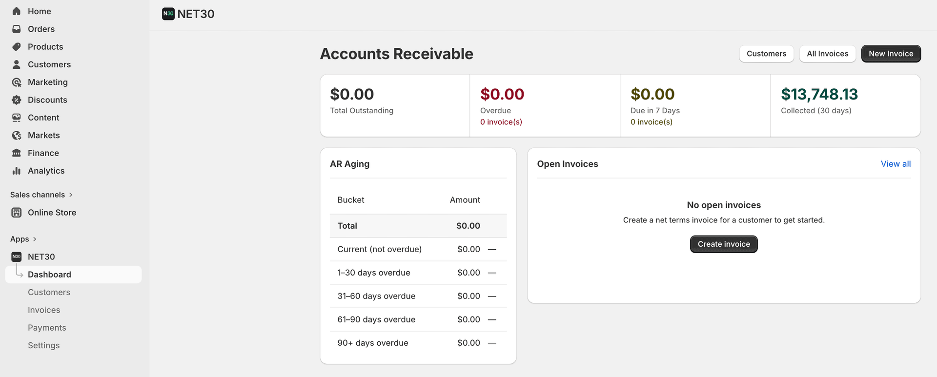NET30 accounts receivable dashboard inside Shopify admin