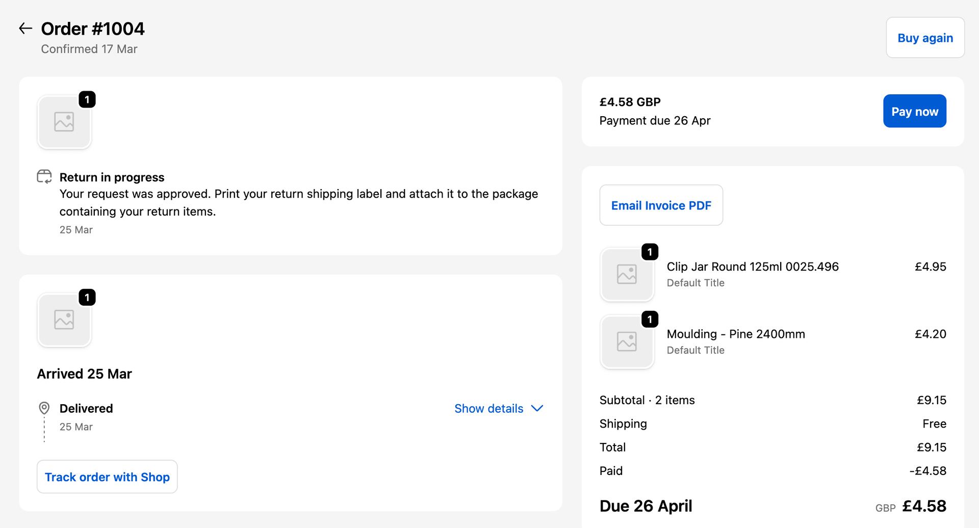 Email Invoice PDF button on Shopify order status page