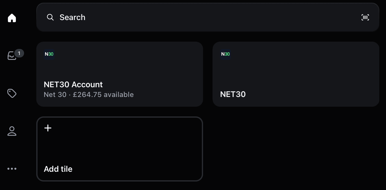 NET30 credit available tile on Shopify POS home screen