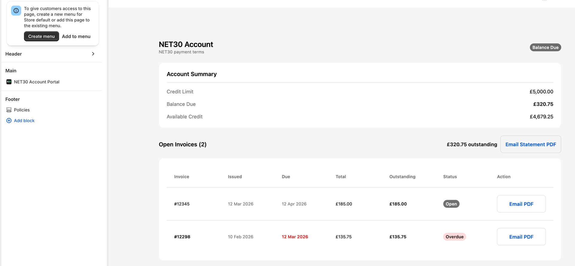 NET30 customer account portal inside Shopify showing credit limit, balance due, open invoices and statement download